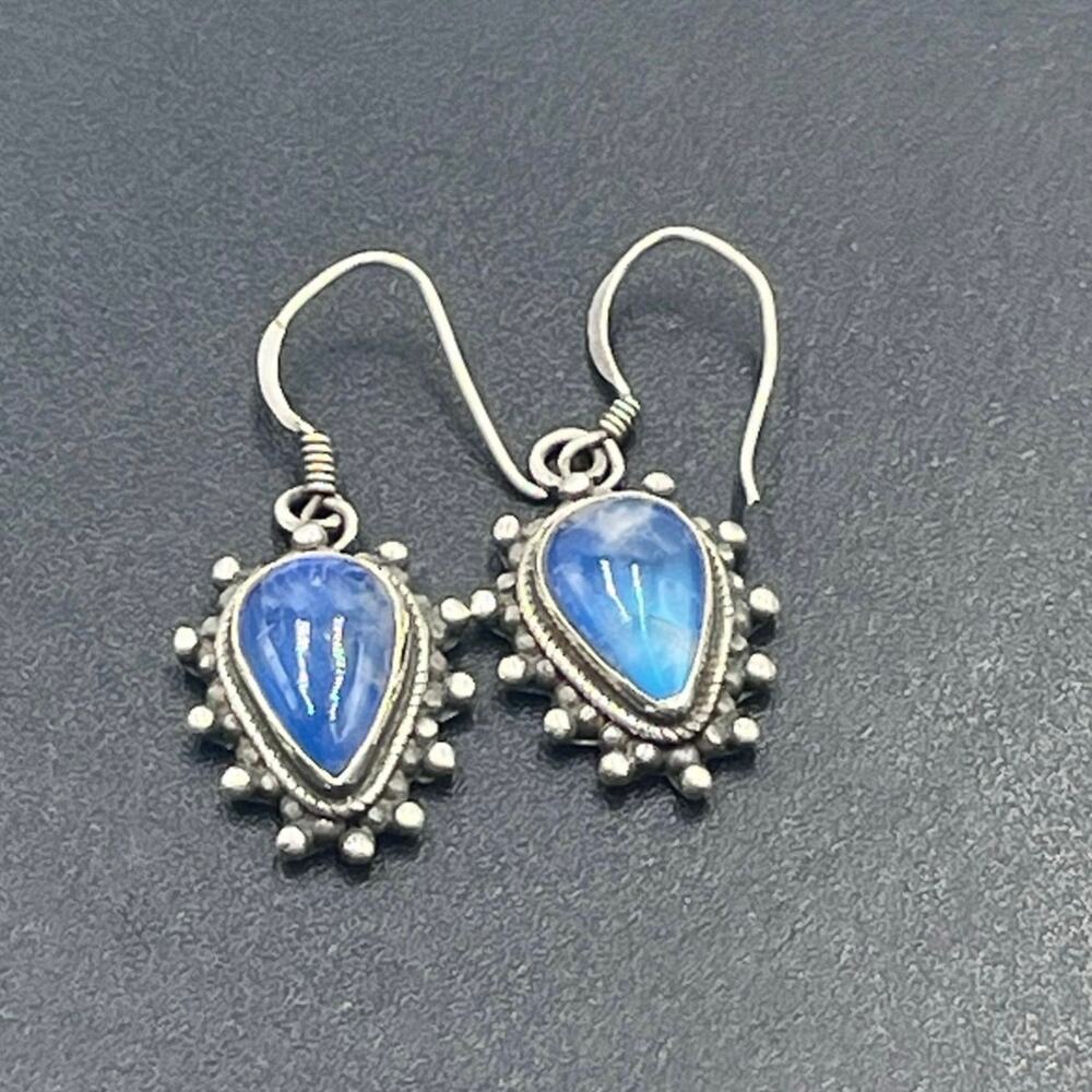 Vintage 925 Sterling Silver Blue Stone Teardrop Earrings Dotted Bezel Set 1.5”